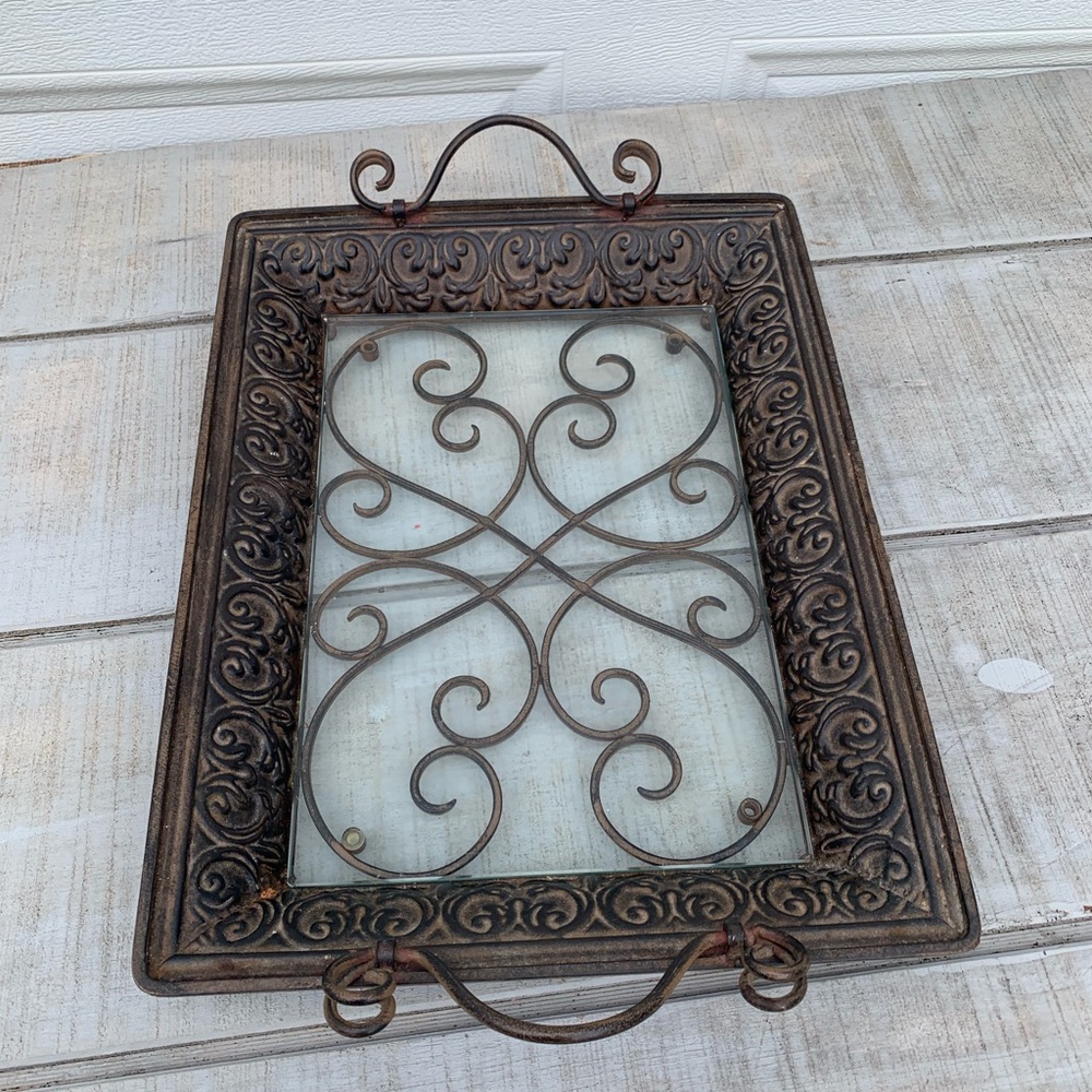 Southern Living at Home Napa Tray w/ Glass Insert Scroll Metal Serving Tray - Picture 13 of 16